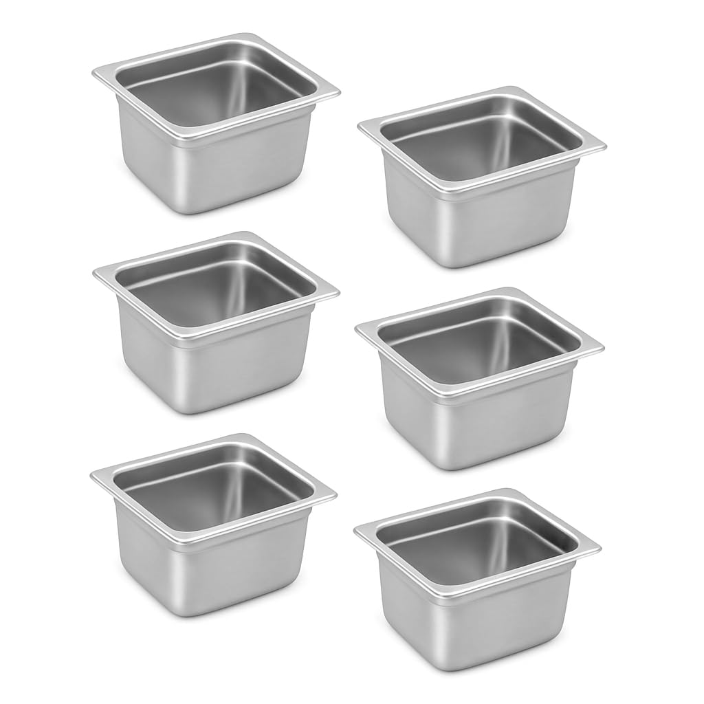 1/6 Hotel Pans 4 Inch Deep Stainless Steel Food Pan - Anti-Jam 6 Pack Steam Table Pan Set for Catering, Buffet Use, Kitchen Prep