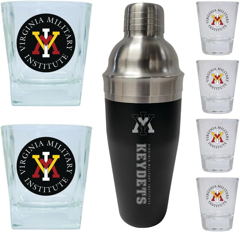 R and R Imports VMI Keydets Officially Licensed Collegiate Barware Set – 7-Piece Cocktail & Whiskey Glass Gift Pack