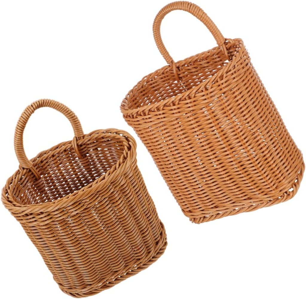 PRETYZOOM Wall Hanging Storage Basket Set of 2 Handmade Imitation Rattan Organizer Kitchen Utensil and Sundries Holder Simple Home Decor for Wall Easy to Install