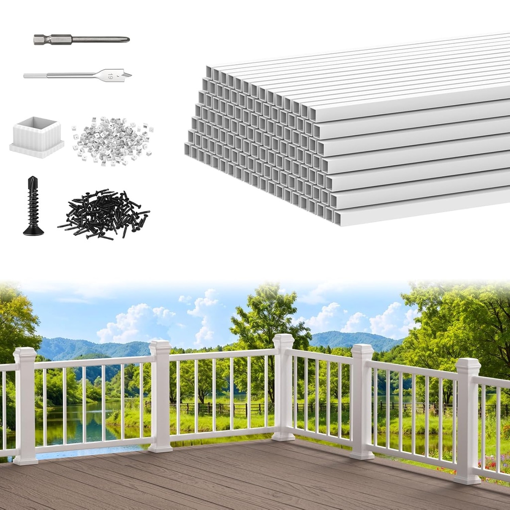 CKE 26" White Square Deck Balusters, 120 Packs White Aluminum Balusters for Wood and Composite Deck Railings with Screws & Balusters Conectors, 3/4" Diameter Hollow Square Aluminum Deck Spindles WS26