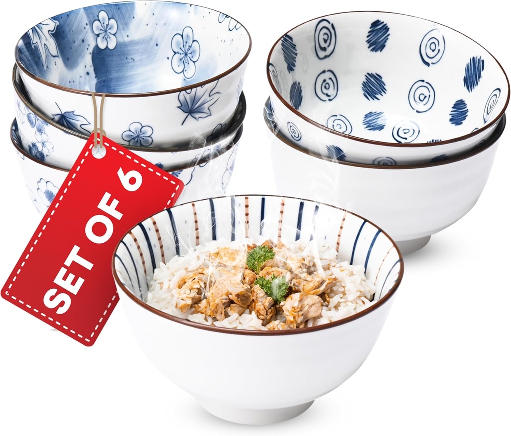 Japanese Rice Bowls Set of 6 - Porcelain Cereal Bowl in Vintage Blue White Design - Stackable Ceramic Dinner Set for Rice, Salad & Soup - Microwaveable & Oven Safe - 4.7"x2.6" per Bowl