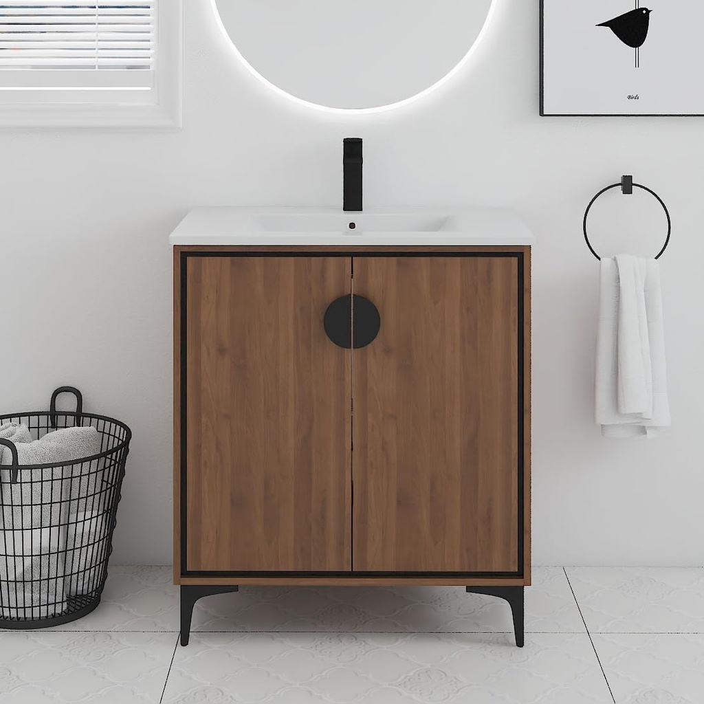 30 Inch Freestanding Bathroom Vanity,30" Bathroom Vanity with Sink Combo,Modern Floor Standing Cabinet Set with Ceramic Basin,Soft Closing Doors & Adjustable Shelf,Walnut