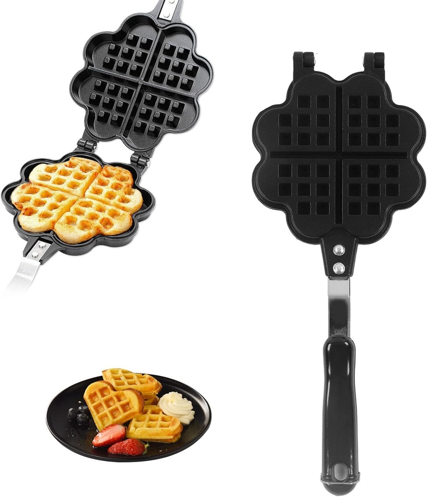 Double Sided Waffle Pan, Flower Heart Shape Cast Iron Pie Maker with Anti Scalding Handle, Campfire Cooking Equipment Camping Pie Iron Cooking Pan for Open Flames and Campfires