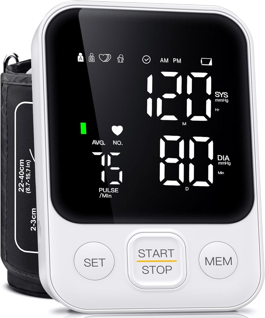Blood Pressure Monitor Upper Arm Monitors for Home Use BP Machine with 2x120 Reading Memory Adjustable Arm Cuff 8.7"-15.7" Large Display with LED Background Light Storage Bag White