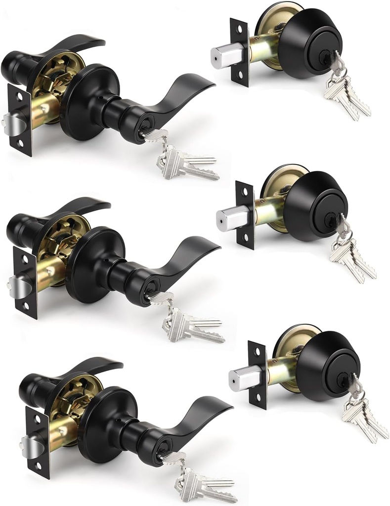 Knobonly 3 Pack Keyed Alike Front Door Handle with Single Cylinder Deadbolt, Matte Black Exterior Door Lock Set, Zinc Alloy