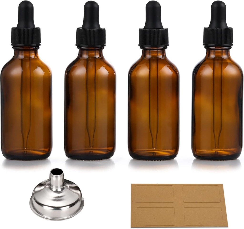 4 Pack, 1 oz Thick Dark Amber Glass Dropper Bottles with 1 Funnels & 4 Labels - 30ml Tincture Bottles with Eye Dropper - Leakproof Essential Oils Bottle - Storage and Travel for Beauty or Health