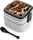 Abstract Cow Skin Bento Box with Spoon, 2-layer Stackable Lunch Box Leak Proof with Invisible Handle, Insulated Food Storage for Office, Picnic & Travel