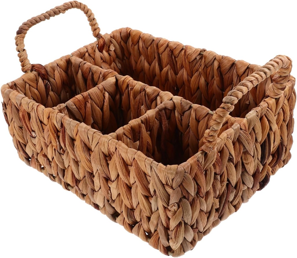 Healifty Woven Storage Basket for Cutlery Multi-Grid Utensil Organizer Decorative Handcrafted Grass Basket Lid for Kitchen and Dining