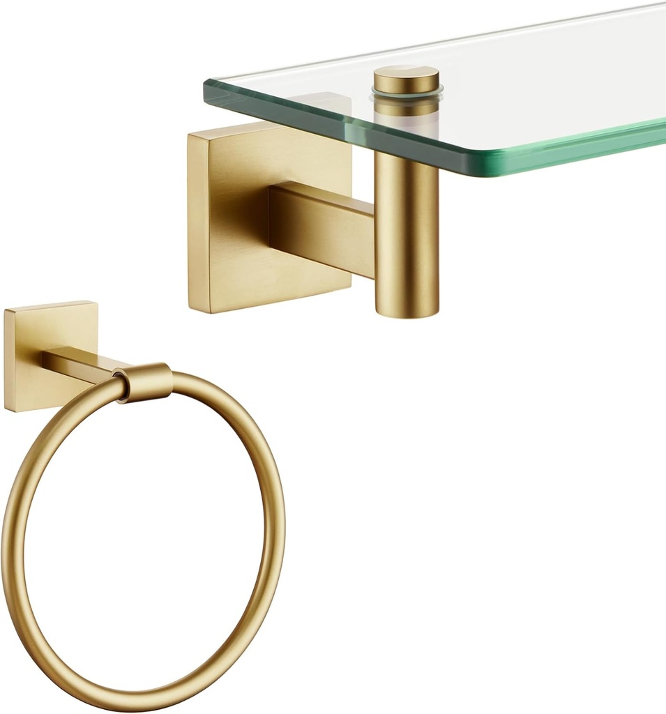KOKOSIRI 12-Inch Bathroom Shelves Glass Floating Shelf Towel Rings Towel Holder Stainless Steel Brushed Gold B1105BG-L12+B3010BG