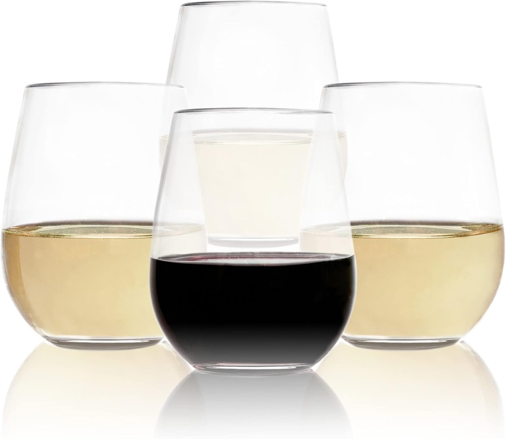Set of 4 Unbreakable Stemless Wine Glasses – 16oz BPA-Free Tritan Plastic, Reusable & Shatterproof Drinkware for Red or White Wine, Dishwasher Safe Indoor Outdoor Bar Glassware, Crystal Clear