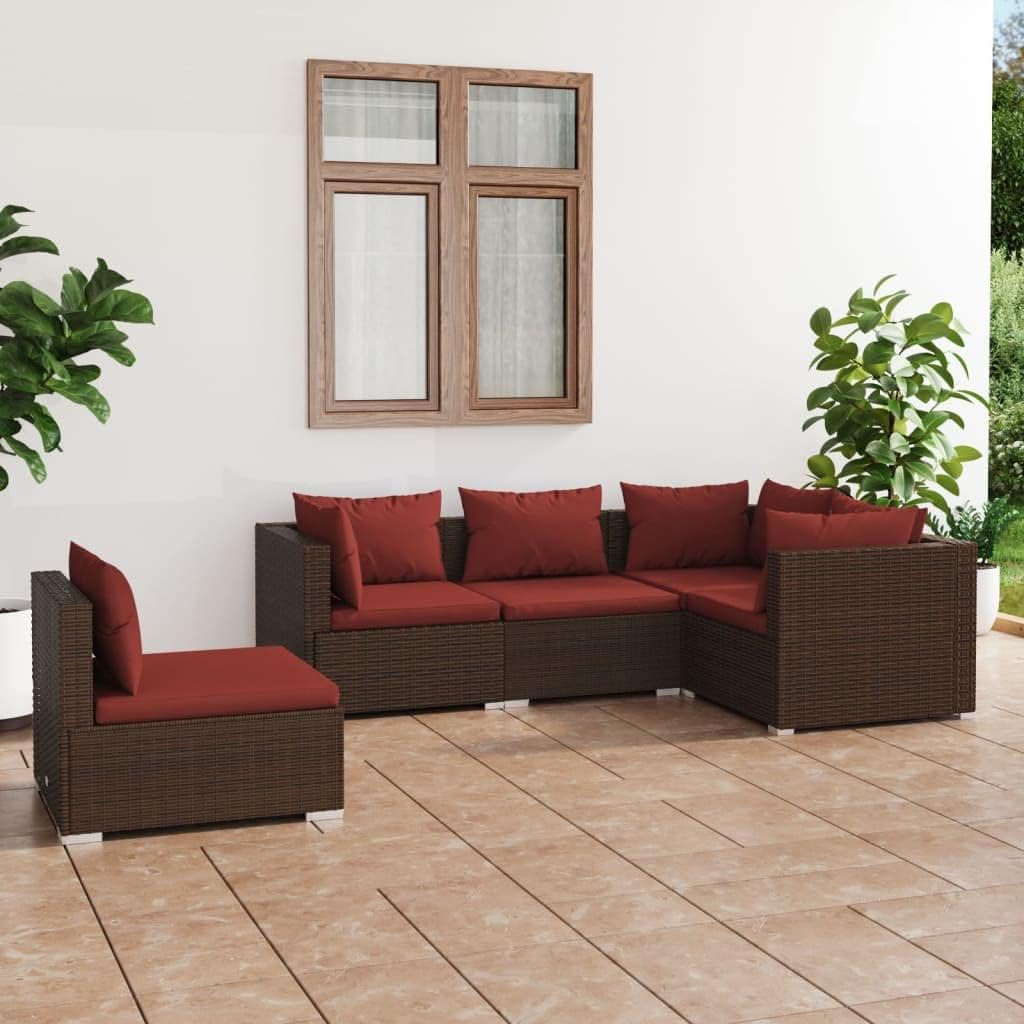 5 Piece Patio Lounge Set with Cushions,Apartment Balcony Decor,Conversation Sets,Lawn Furniture,Outdoor Patio Furniture,for Decorating Your Yard,Terrace, Garden and Porch, Poly Rattan Brown