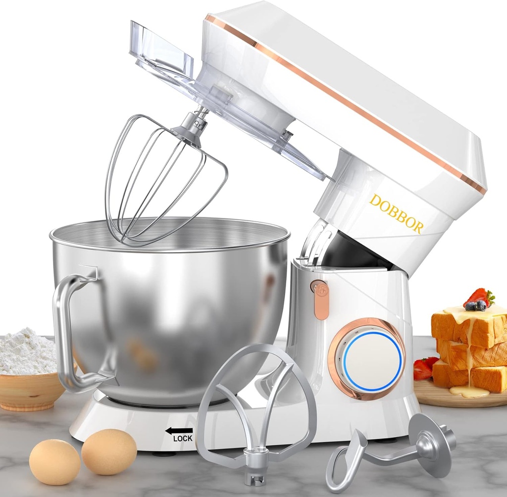 DOBBOR Electric Stand mixer, 9.5QT 660W 7 Speeds Tilt-Head Dough Mixers, Bread Mixer with Dough Hook, Whisk, Beater, Splash Guard for Baking Bread, Cake, Cookie, Pizza, Muffin, Salad and More (White)