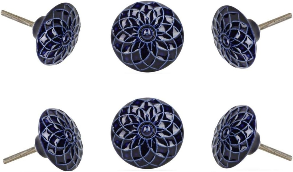 TRINCA-FERRO Set of 6 Royal Blue Round Floral Pattern Ceramic Knob for Dresser Drawers Kitchen Cabinets Laundry Room Closet Doors Knobs for Interior/Exterior | Office | Bedroom | Bathroom | Kitchen |