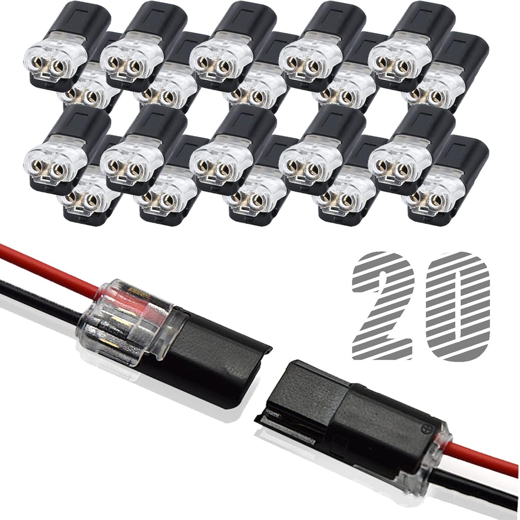 Low Voltage Wire Connector, Double Wire Plug in Connector with Locking Buckle, Led Light Strip Connectors 2 Pin - No Wire Stripping Cutting (20PCS)
