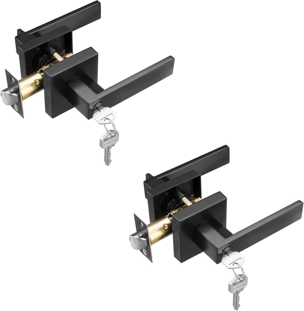 Matte Black Door Handle,Entry Door Lever for Bedroom,Exterior and Interior Door Knob with Lock(2 Pack Same Keys)