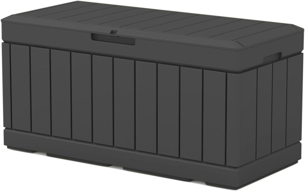 Patiowell 82 Gallon Resin Deck Box, Waterproof Large Wood Look Storage Box for Patio Furniture, Pool Accessories, Garden Tools and Sports Equipment, Lockable, Black