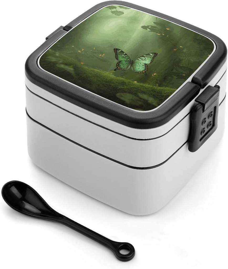 Bento Lunch Box for Women Lunch Containers for Adults Green Forest Butterfly Double Layered Lunchbox Large Capacity Bento Box with Cutlery for Work Picnic Camping Travel