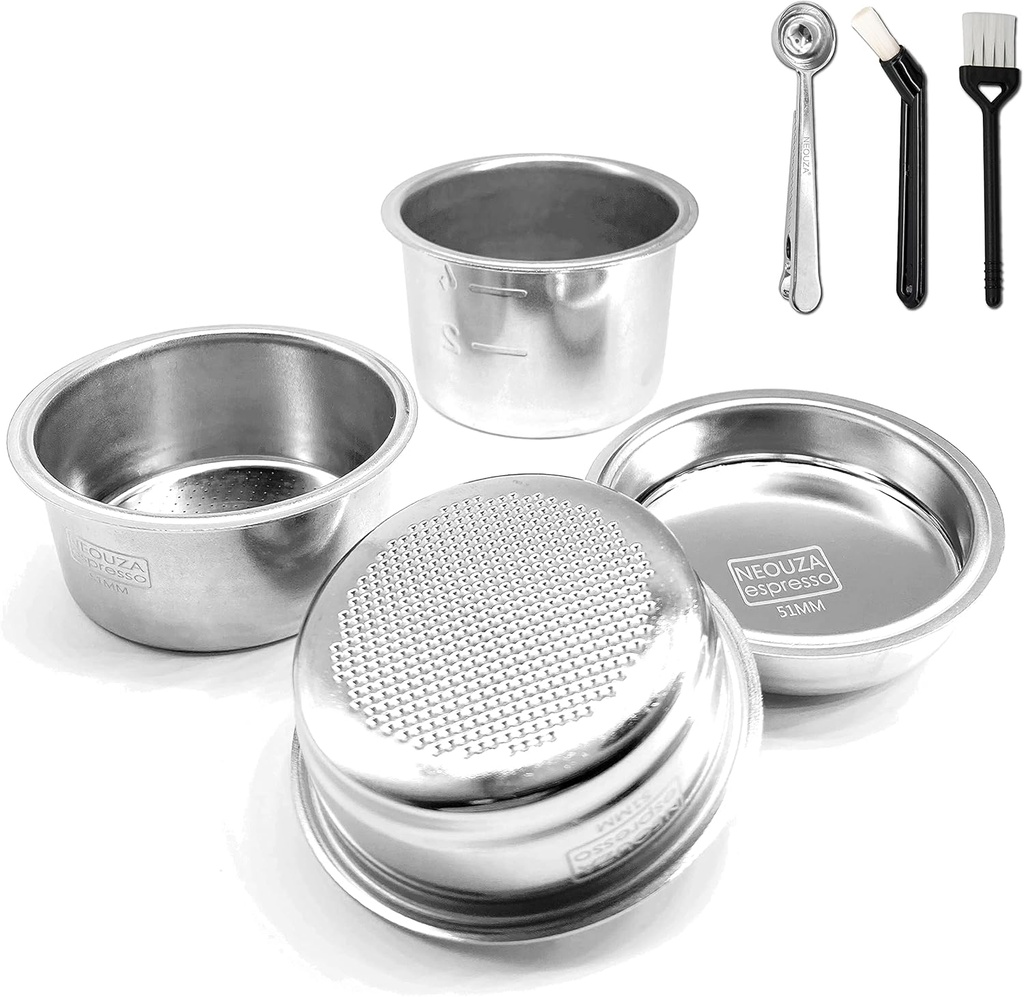 NEOUZA 51mm Stainless Steel Filter Basket 1/2/4 Cup for Espresso Bottomless Portafilter,compatible with Delonghi,Yabano,Breville 51mm Coffee Machine.Gift: Blind Filter and Scoop Clip