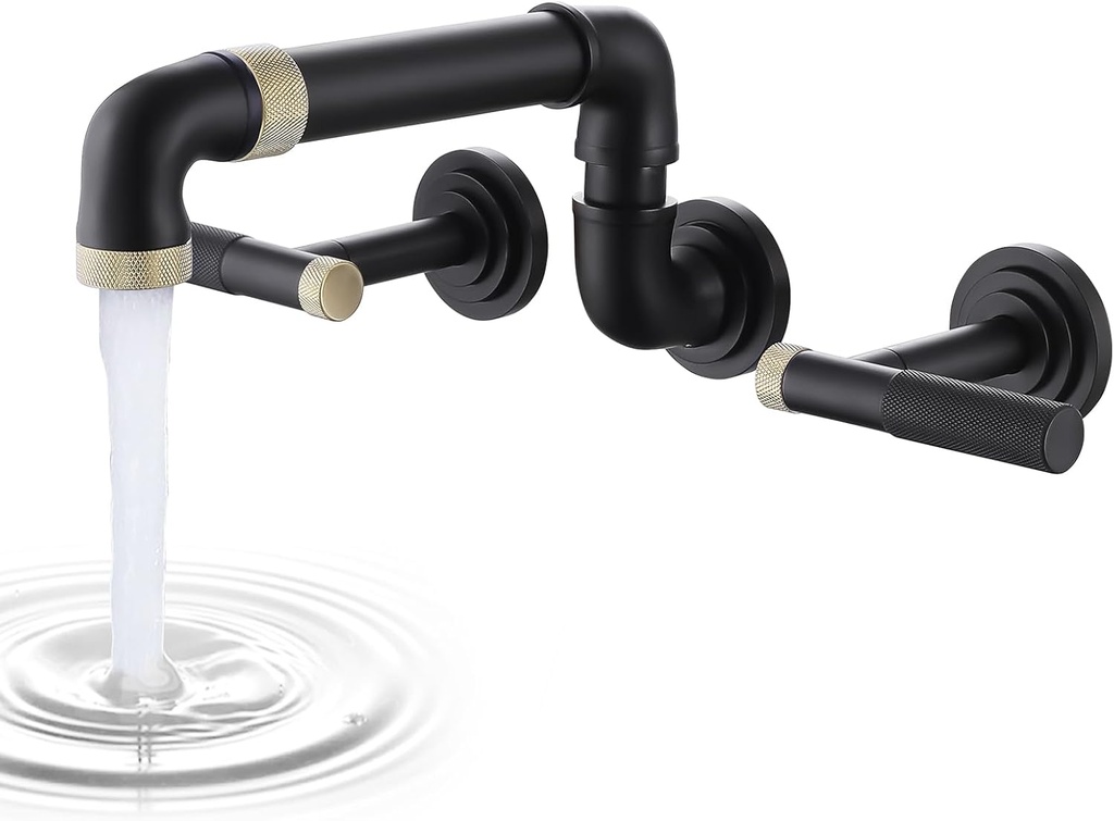Wall-Mounted Tub Filler Black Gold Bathroom Tub Faucet High Flow with Two Handles Solid Brass, Long Spout Reach, Supported extendable and rotatable