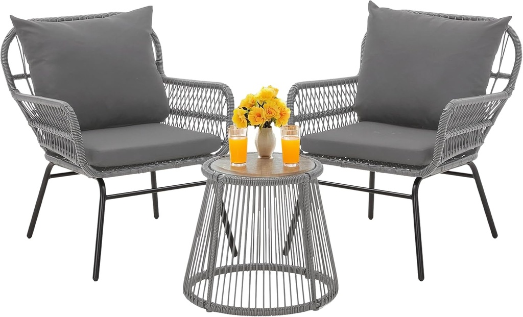 Bezseller 3-Piece Outdoor Patio Set - 20" Wide Seating w/ 2" Thick Cushions, 14.2" Seat Height - Modern Boho Furniture for Gardens, Balcony & Apartments