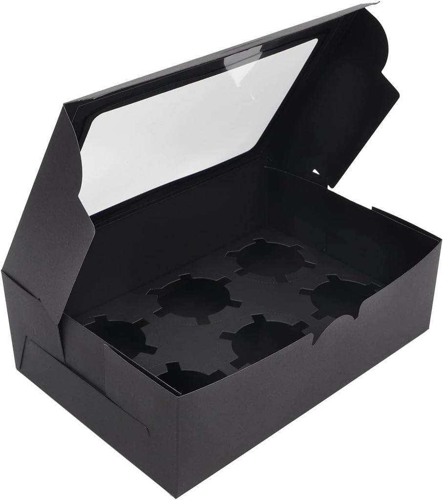 15pcs Black Cupcake Boxes, 6 Cupcake Container with Inserts and Window, 9.4’’ × 6.3’’ × 3’’ Cardboard Cupcake Box, Disposable Cupcake Box for Cake, Muffins, Macaron