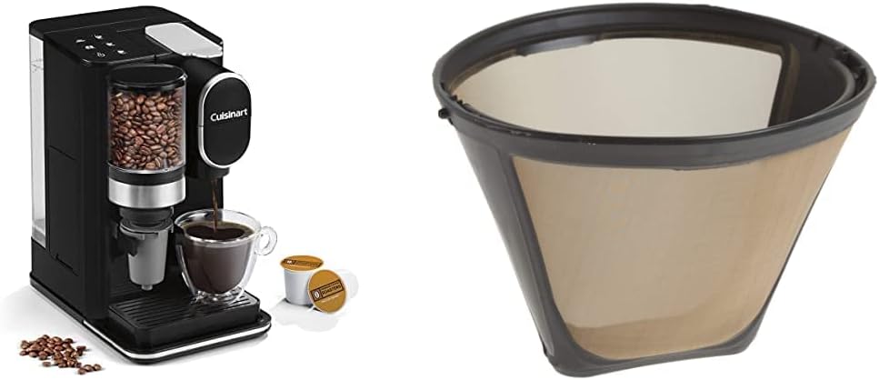 Cuisinart Single Serve Coffee Maker + Coffee Grinder, 48-Ounce Removable Reservoir, Black DGB-2 & GTF Gold Tone Coffee Filter, 10-12 Cup Cone, Burr Mill