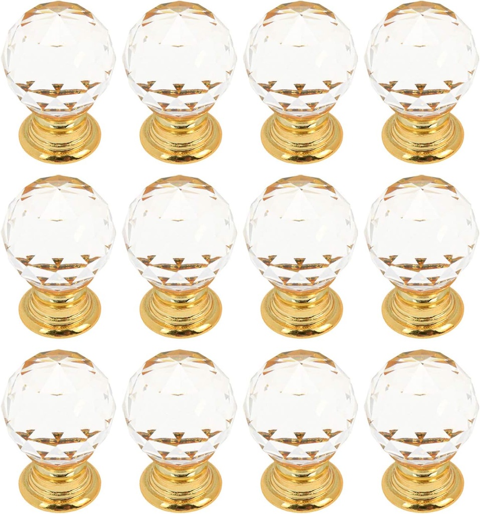 Quluxe 12 Pcs Crystal Drawer Knobs, Round Diamond 0.78 Inch Clear Glass Crystal Cabinet Knobs and Pull Handles - Gold Base with 25mm Screws