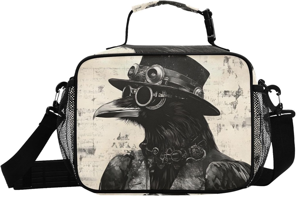 Lunch Boxes Raven Gothic Retro for Women Men Insulated Lunch Bag for Work, Picnic, Cooler Tote Bag with Adjustable Shoulder Strap