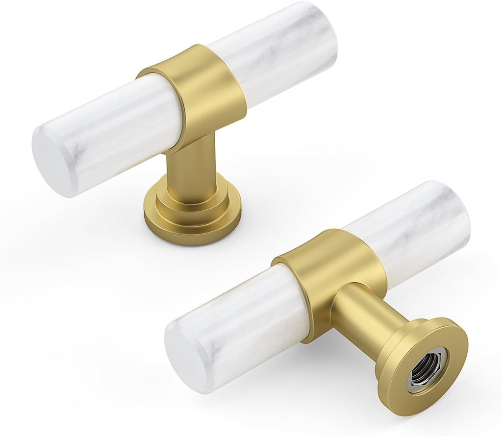 Haliwu 10 Pack White Marble Cabinet Knobs, 2 Tone T-bar Marble Grain and Gold Knobs for Kitchen Hardware Handles Solid Barrel Dresser Drawer Pulls