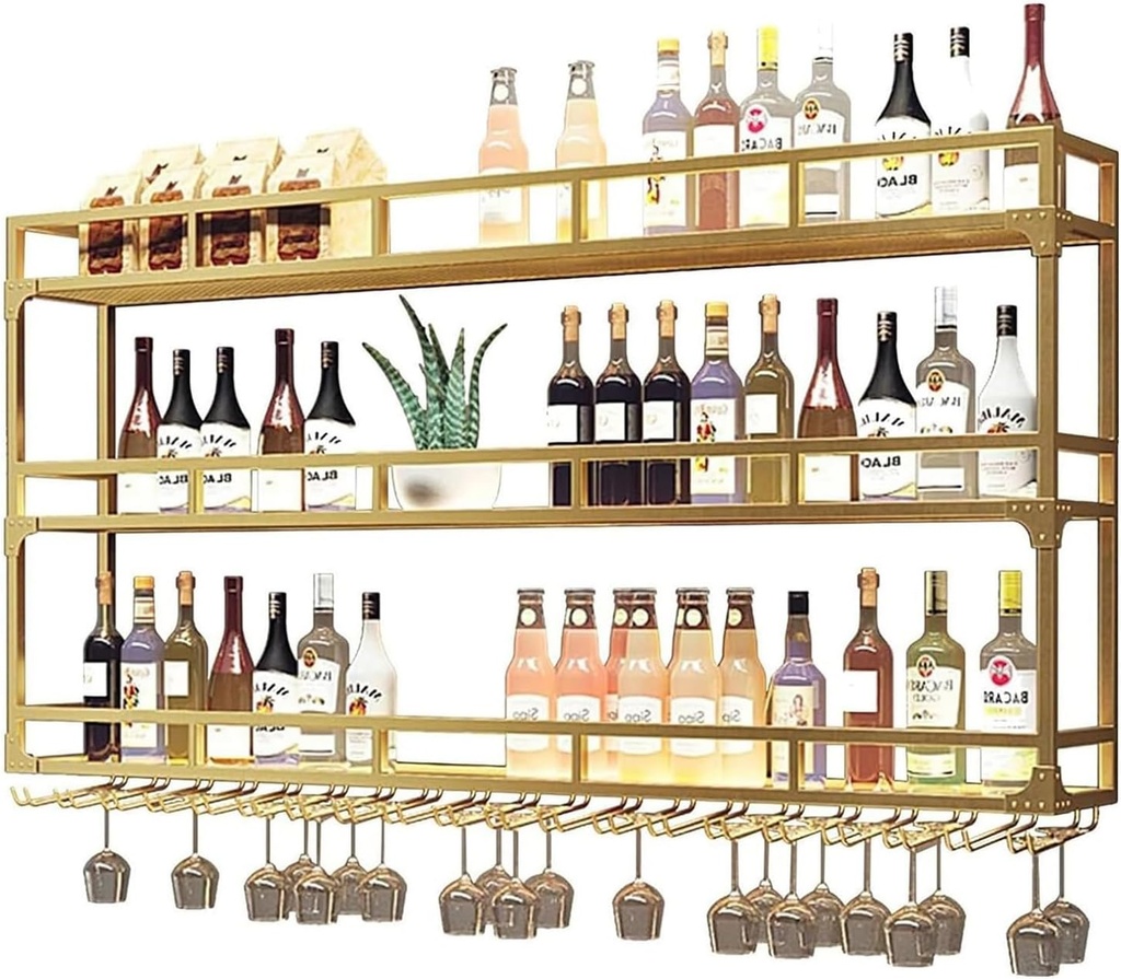 3-Tier Wine Rack Wall Mounted with LED Light,Bar Floating Wall Shelves,Liquor Bottle Display Shelf,Metal Wine Storage Racks with Wine Glass Holder,for Kitchen Wine Cellar,Gold/Blac