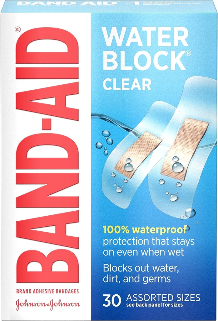 Band-Aid Brand Water Block Clear Waterproof Sterile Adhesive Bandages for First-Aid Wound Care of Minor Cuts and Scrapes, Assorted Sizes, 30 ct