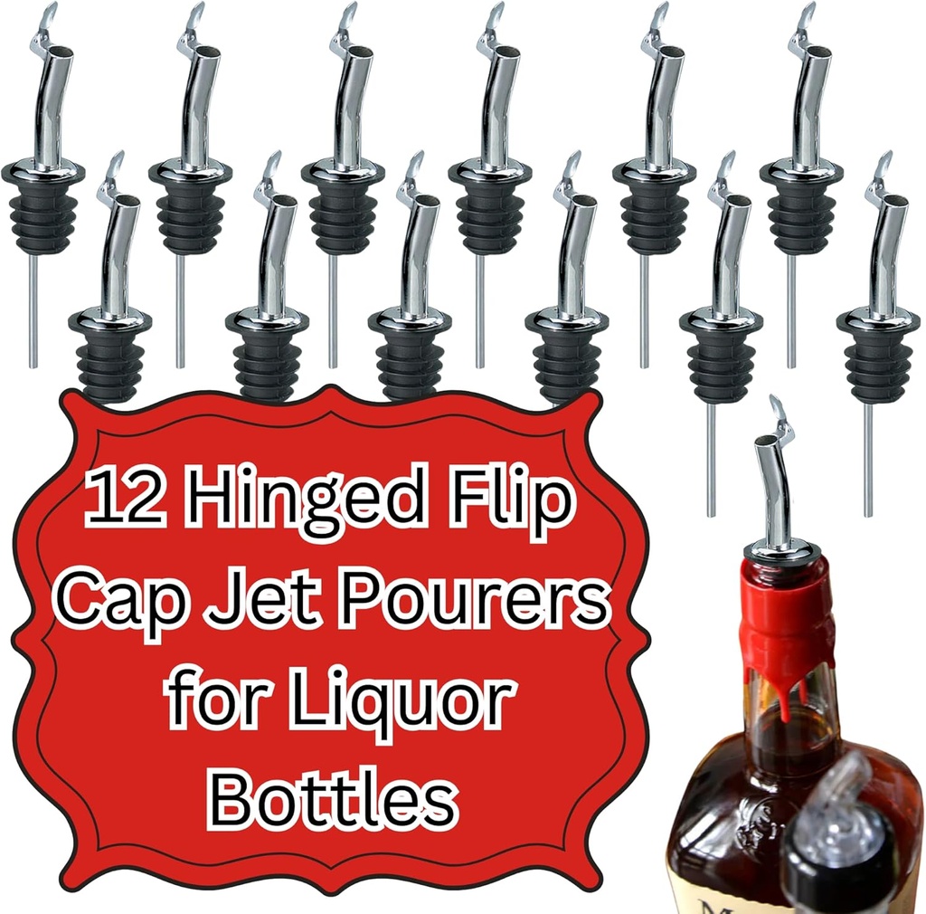 Tablecraft Wine Liquor Bottle Pourers, Hinged Flip Cap Jet Pourer, Dispenser Bar Tool for Controlled Pouring of Alcohol Drinks and Shots, Foodservice Jet Spout with Flip Cap for Bars, 12 Pieces