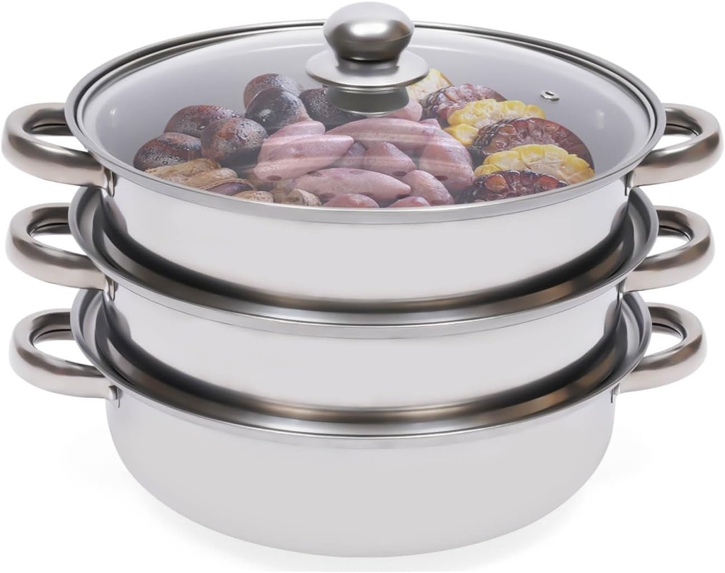 3.1 Quarts Steamer Pots With Lid 2-Tier Multipurpose Stainless Steel Steaming Pot Cookware For Vegetable, Dumpling, Sauce, Food - Triple Bottom, Measurement Line