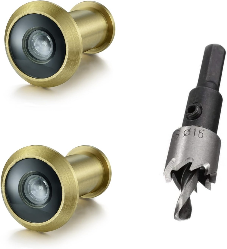 TOGU 2PCS of 220-degree Solid Brass Peep Holes for Door with 16mm Drill Bit, Compatible with Door Thick from 1-3/8" to 2-1/6", Satin Gold Finish