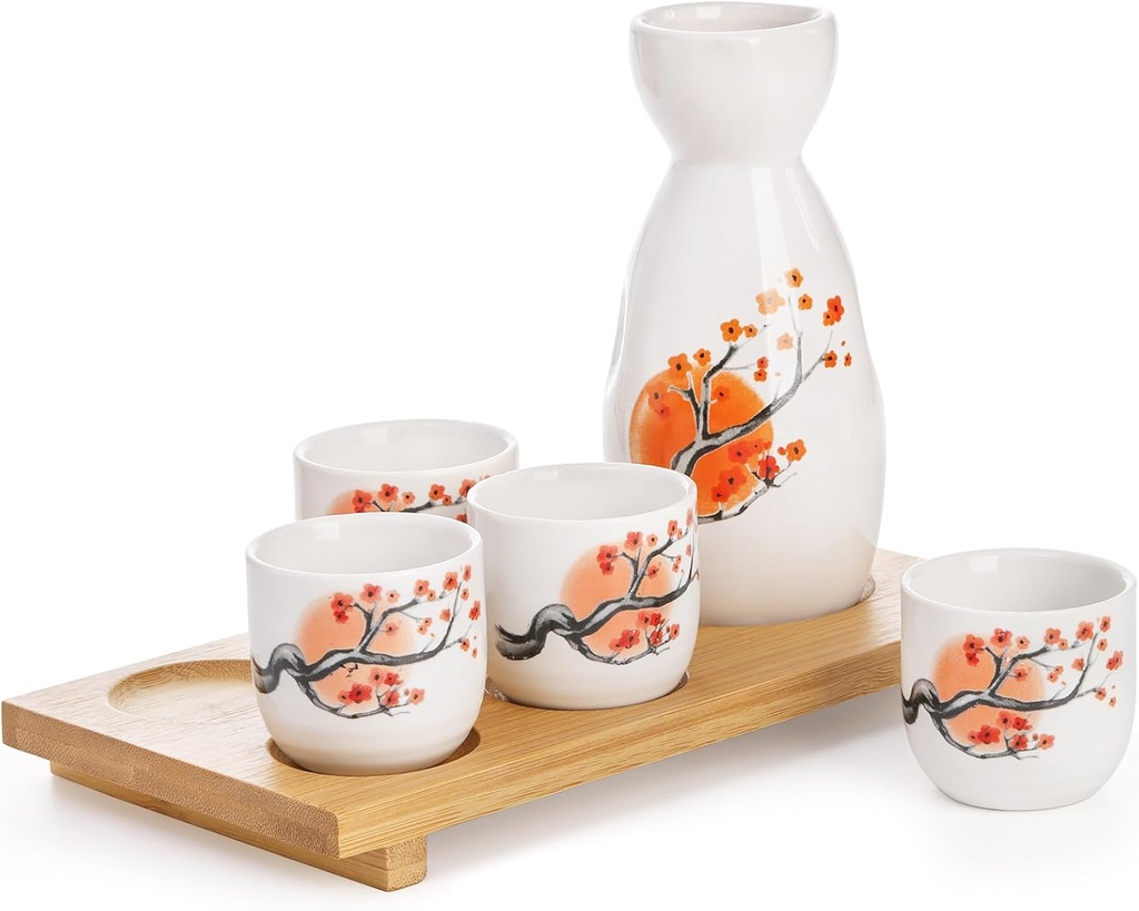 Tosnail Ceramic Japanese Sake Set, 1 Serving Carafe, 4 Sake Cups and 1 Bamboo Tray - Orange Blossom