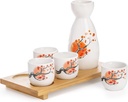 Tosnail Ceramic Japanese Sake Set, 1 Serving Carafe, 4 Sake Cups and 1 Bamboo Tray - Orange Blossom
