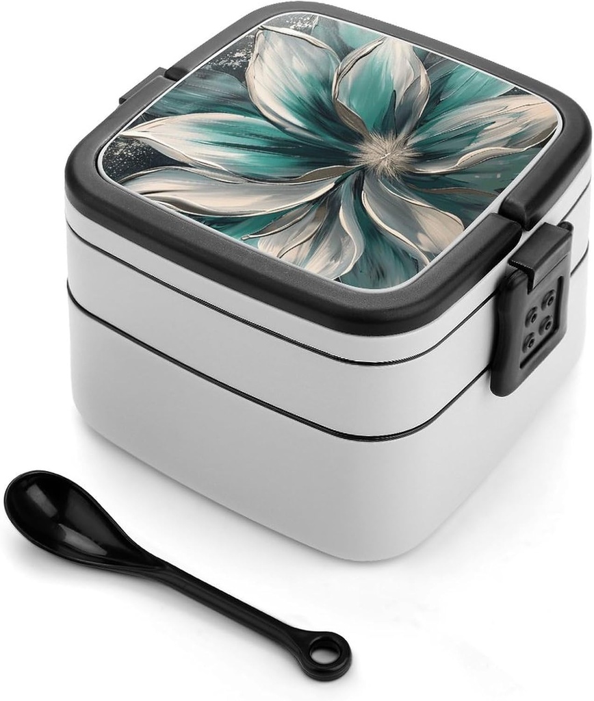 Green And Silver Flowers Bento Box with Compartments Double Layer Bento Lunch Box with Spoon And Handle All-in-One Adult Lunchbox Leakproof Lunch Container for Work Picnic Travel