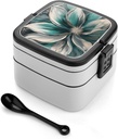 Green And Silver Flowers Bento Box with Compartments Double Layer Bento Lunch Box with Spoon And Handle All-in-One Adult Lunchbox Leakproof Lunch Container for Work Picnic Travel