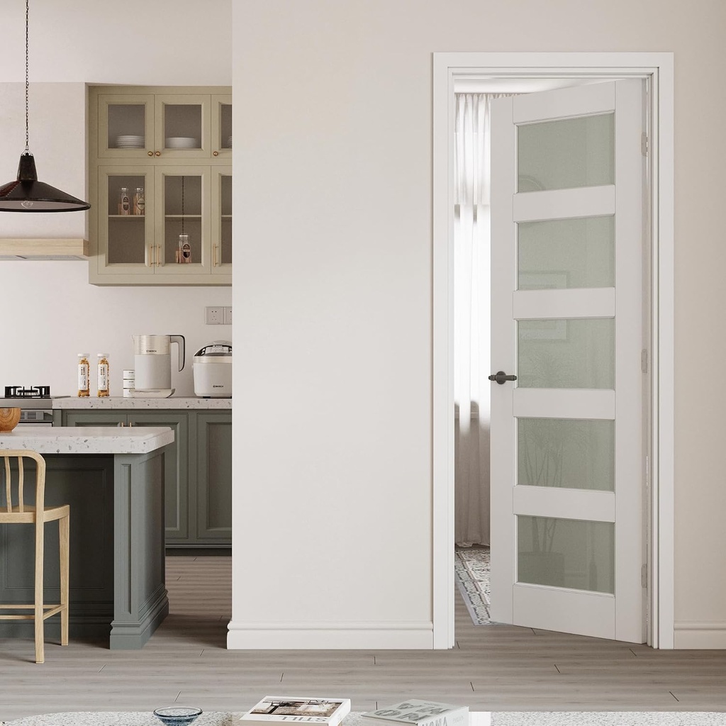 28" x 80" Prehung Door 5-Lite Tempered Frosted Glass Slab Doors with Jamb Kit, Solid Core Interior Door for Bathroom Pantry Laundry, Easy Assemble - Right Handed Silver Hinge