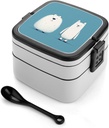Two Cartoon Animals Bento Box Adult Lunch Box All-in-One Lunch Containers with Removable Compartments Double Layer Bento Lunch Box with Spoon And Handle Stackable Lunchbox