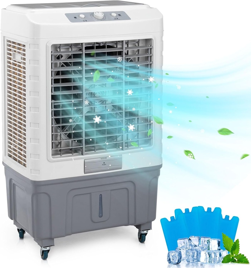 3 in 1 Portable Air Conditioners, Portable Evaporative Cooler,Indoor,Outdoor, Personal Air Cooler,Mechanical Control,13.2 Gal Large Water Tank & Scroll Casters, 4 Ice Packs,White and Gray
