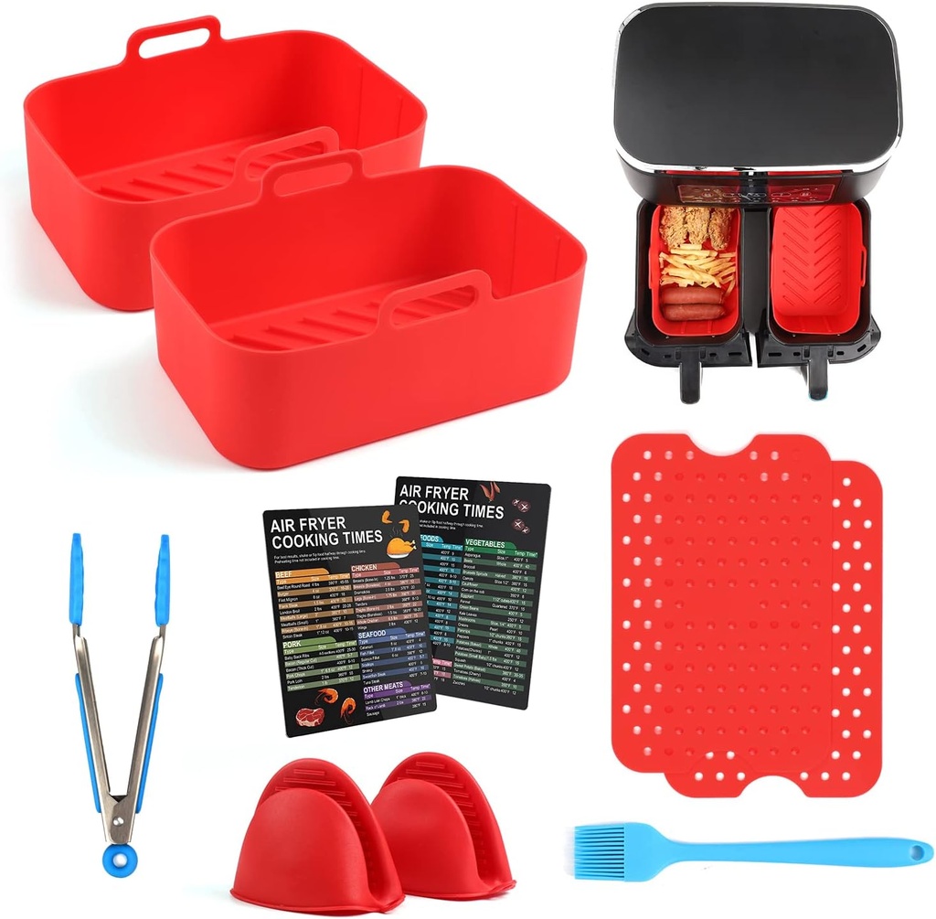 Air Fryer Silicone Pot with Handles for Ninja Dual DZ201/DZ401/DZ550/DualZone XL, Reusable 2pcs Silicone Liner, Magentic Cooking Time Chart red