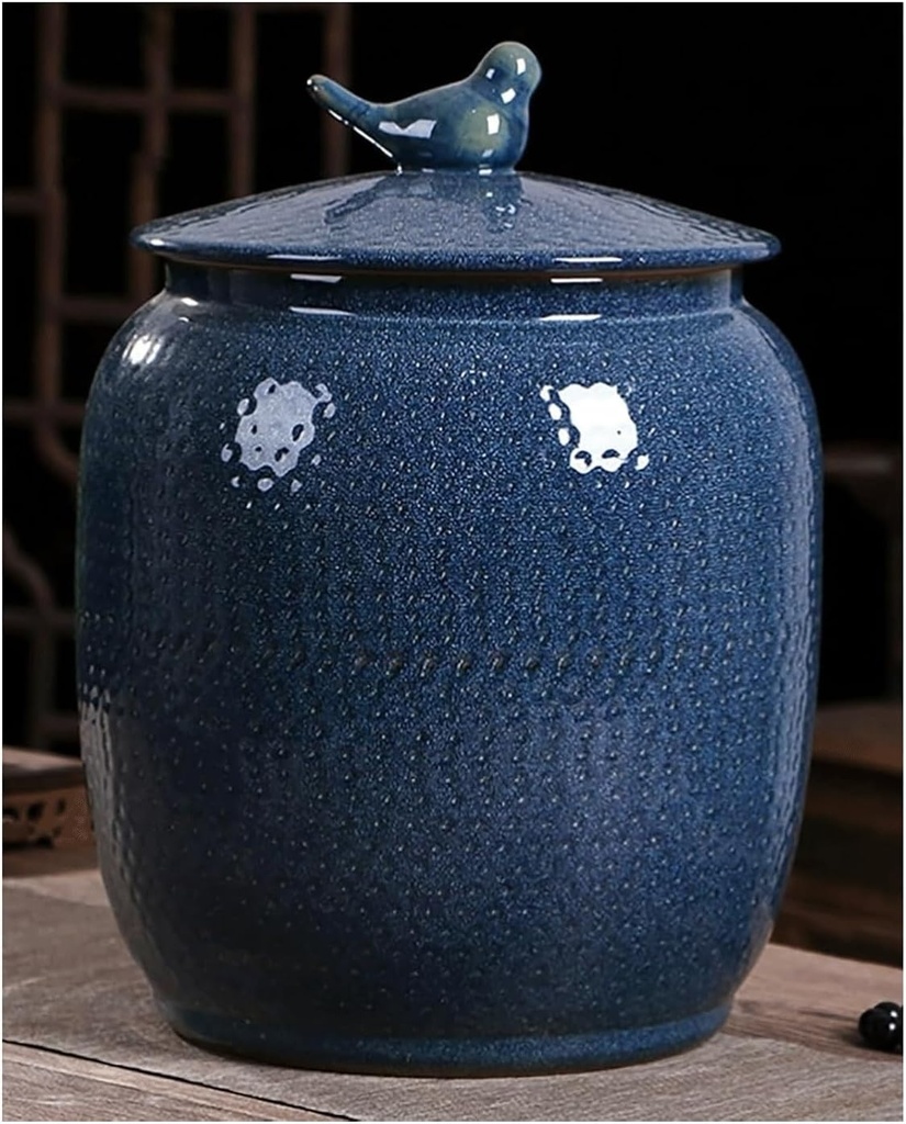 Rice Dispenser Ceramic Rice Storage Container with Lid, Kitchen Large Sealed Rice Bucket Porcelain Jar Food Storage Bin for Rice Flour Pet Food Corn(Blue,33lb/15kg)