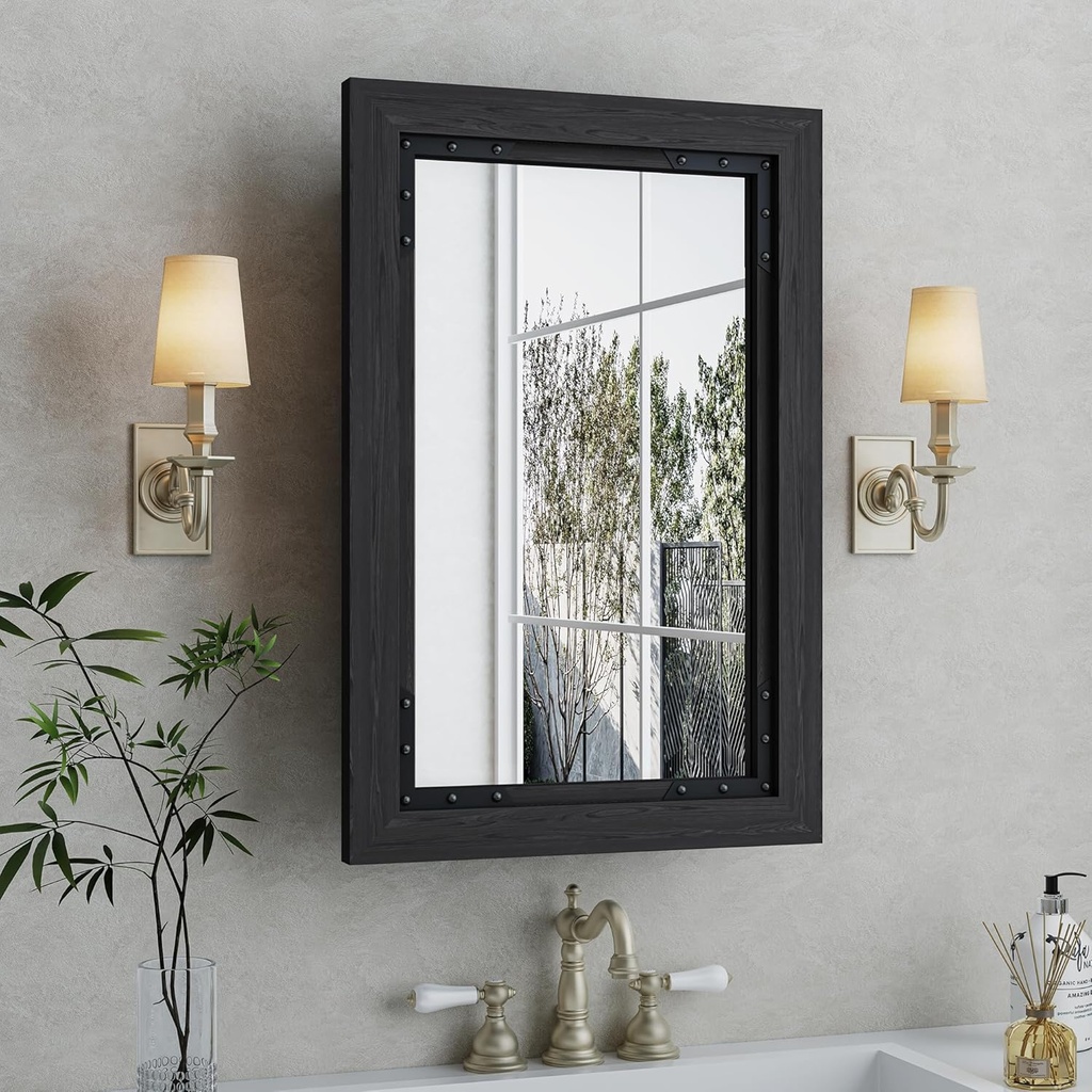 Medicine Cabinet Mirror 20 x 26 Inch Farmhouse Bathroom Vanity Mirror Solid Wood Framed Door Storage Cabinet with Adjustable Shelves, Wall Mounted for Bathroom Living Room, Black