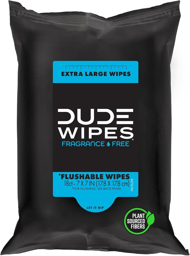 DUDE Wipes - Flushable Wipes for Adults - Unscented - 18 Count - Vitamin-E & Aloe - Septic and Sewer Safe (Pack of 1)