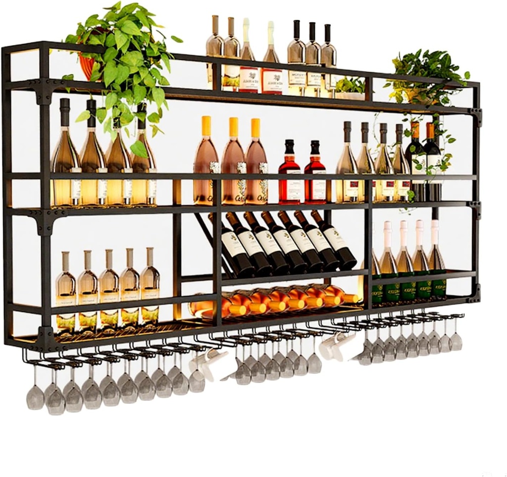 YIQIFLY Wine Rack Wall Mounted 39.3in, Bar Shelves with Wine Glass Rack 2 Tiers Metal Bottle Shelf Glass Holder Cabinet Grid Rack for Home, Dining Room Decorative, Wine Cellar (Black, 47.2in/120cm)