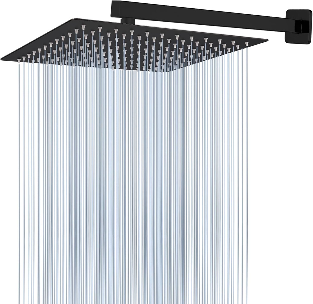 Voolan All Metal Shower Head with Extension Arm, Stainless Steel Waterfall Rainfall Showerheads, High Flow Bathroom Square Rain Shower Head (12’’ Shower Head with 16’’ Shower Arm, Black)