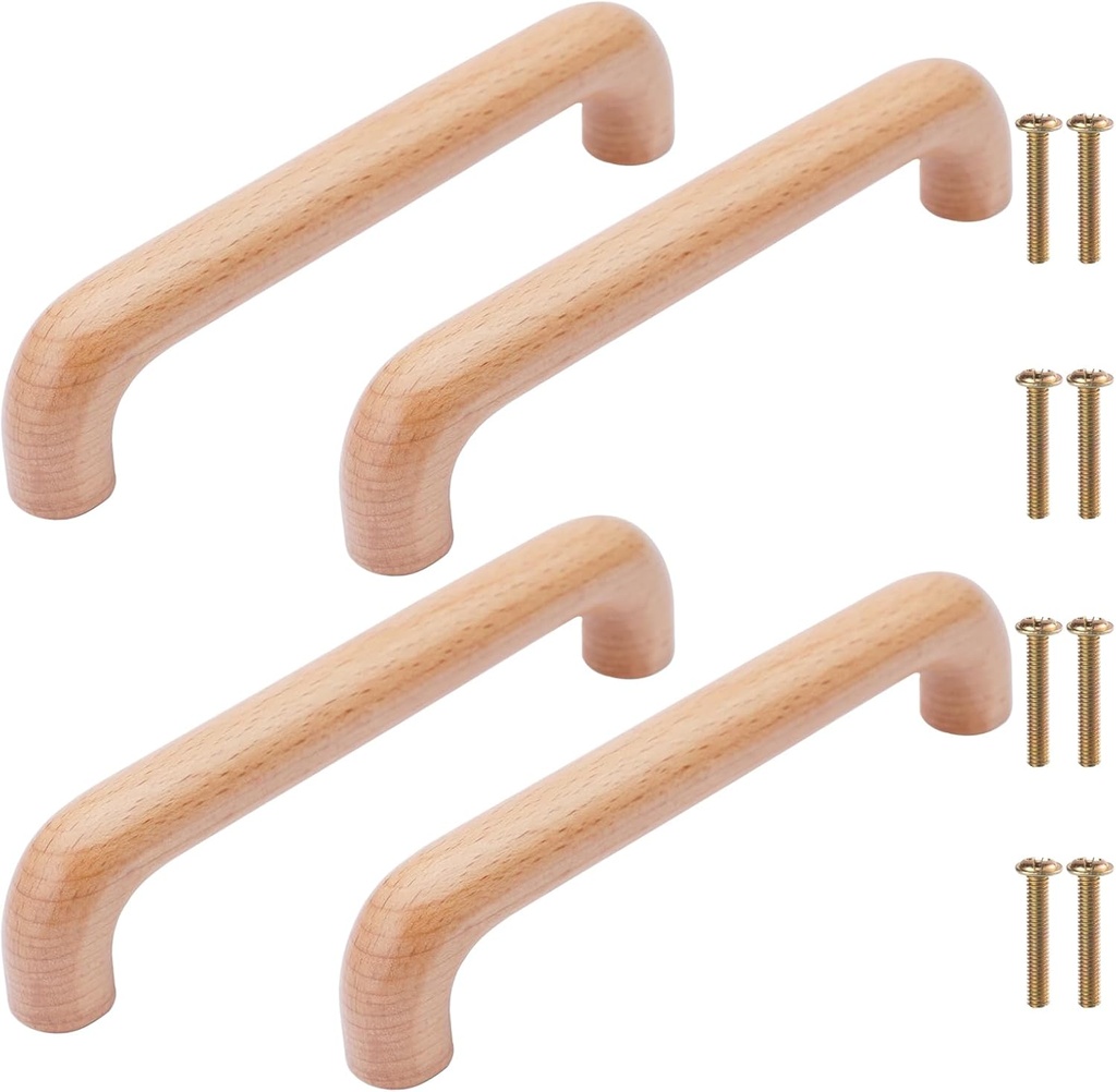 NAKUPENDA 4Pcs Wooden Drawer Handles Cupboard Cabinet Pulls Beech Wood Handles Pulls for Furniture Dresser Wardrobes Closet (Round, 128mm Hole Distance)