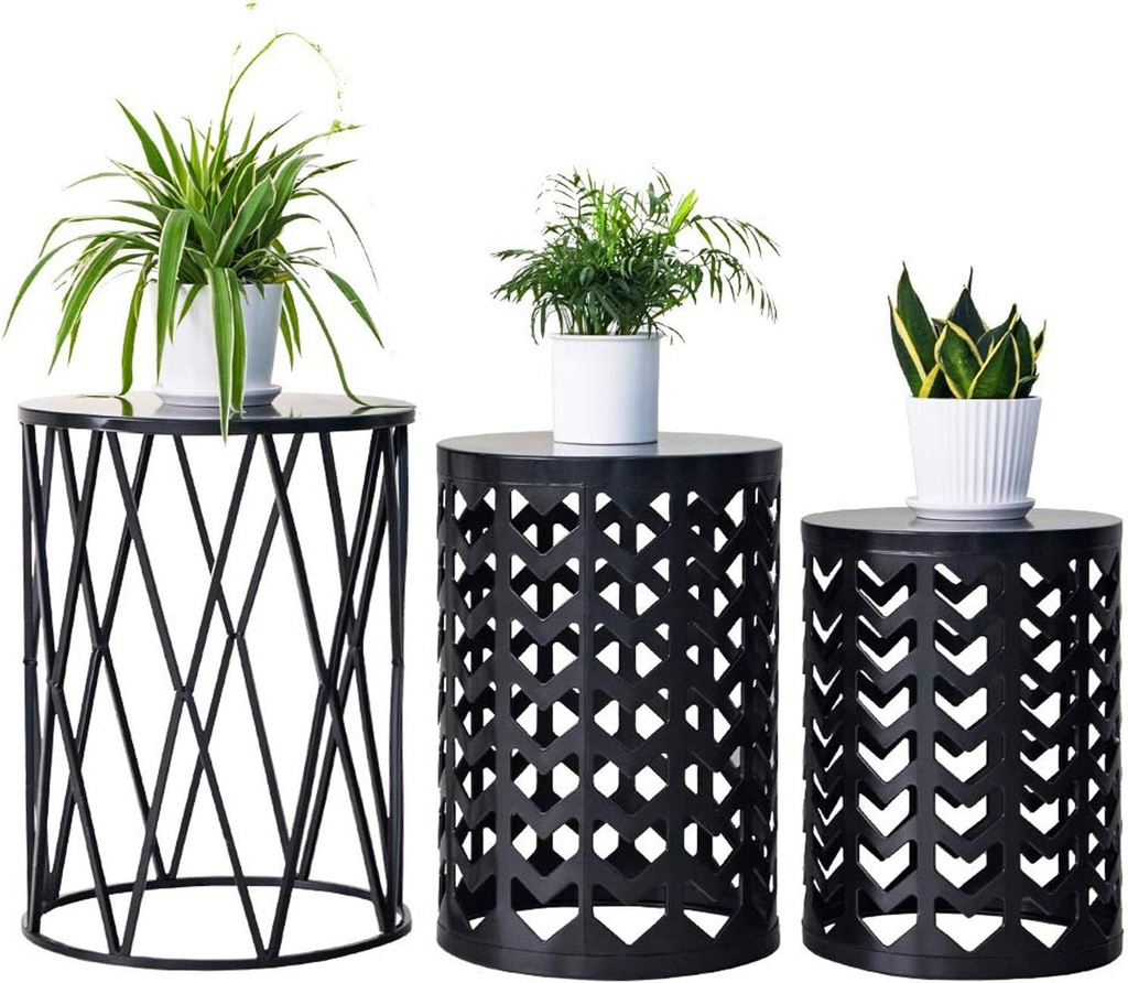 HFHOME Multifunctional Nesting Round Metal Coffee End Tables, Set of 3 Modern Furniture Nightstands Decor Side Tables Plant Stand for Home Office Indoor Garden Outdoor- Pure Black