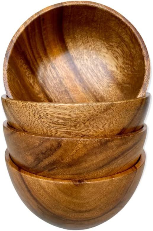 Wooden Salad Bowl Set – Small Wood Bowls for Food, Set of 4 Handcrafted 5” Acacia Wood Salad Bowls for Snacks, Fruit, Sides & Kitchen Gifting